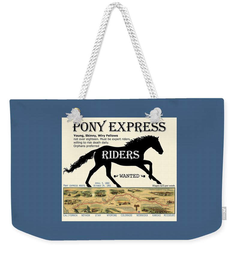 Pony Express Weekender Tote Bag featuring the digital art Pony Express Want Ad by Lisa Redfern