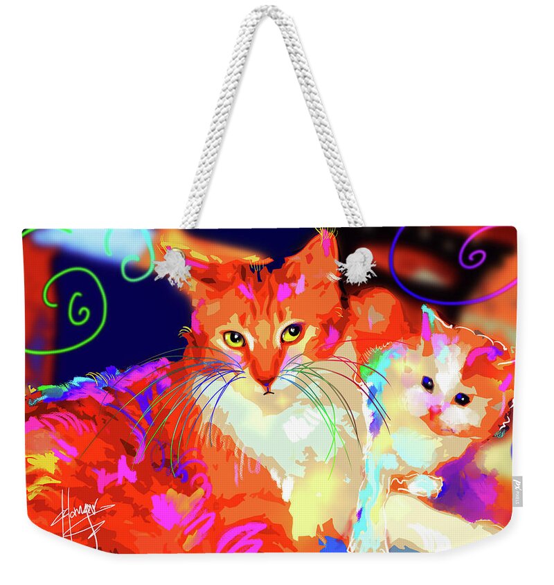 Goldie Weekender Tote Bag featuring the painting pOpCats Mama Goldie and her son Pitzel by DC Langer