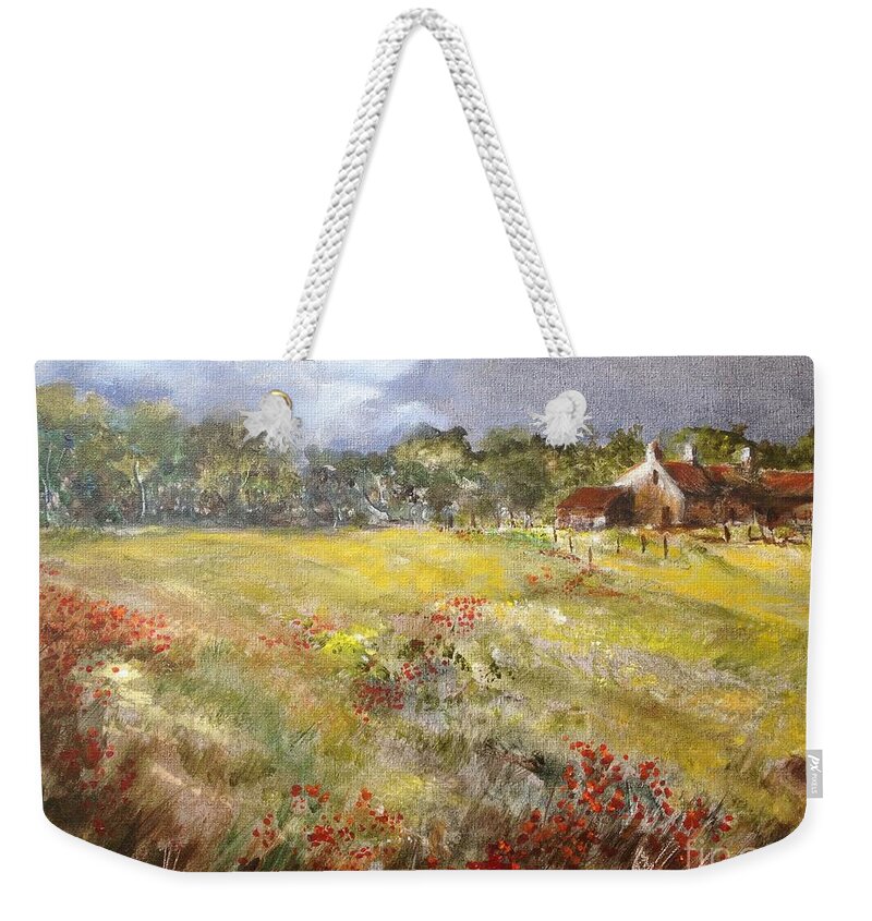 Lizzy Forrester Weekender Tote Bag featuring the painting Poppies in the Cotswolds, Spring in the air. by Lizzy Forrester