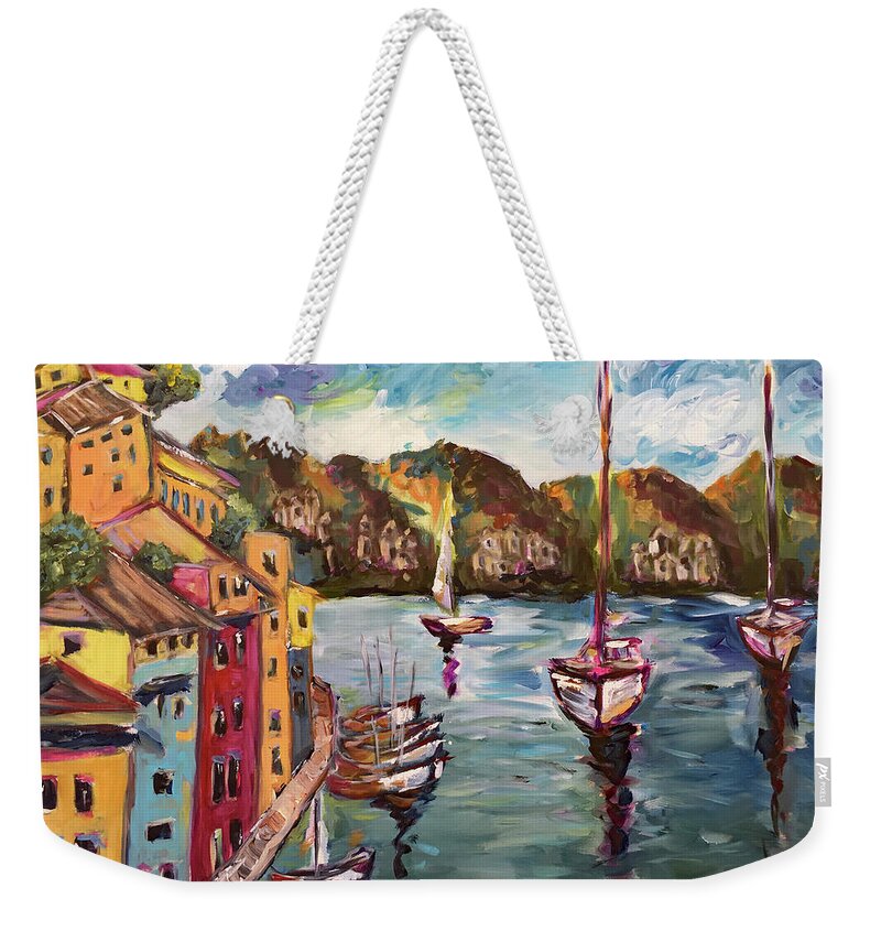 Portofino Weekender Tote Bag featuring the painting Portofino Harbor by Roxy Rich