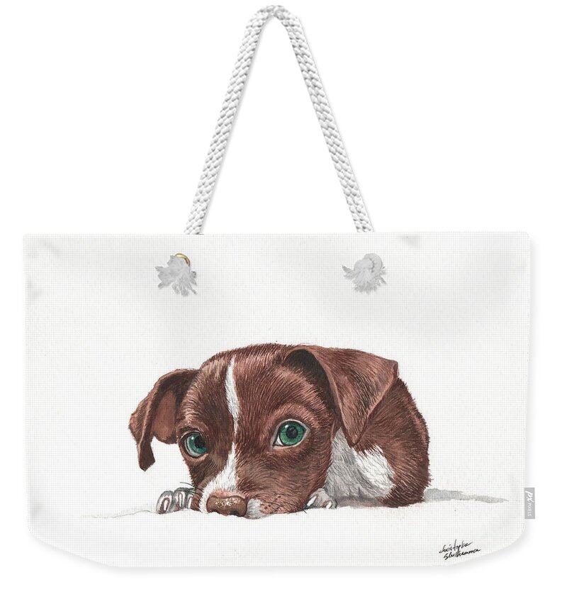 Chocolate Weekender Tote Bag featuring the painting Portrait of a Chihuahua puppy in watercolor by Christopher Shellhammer