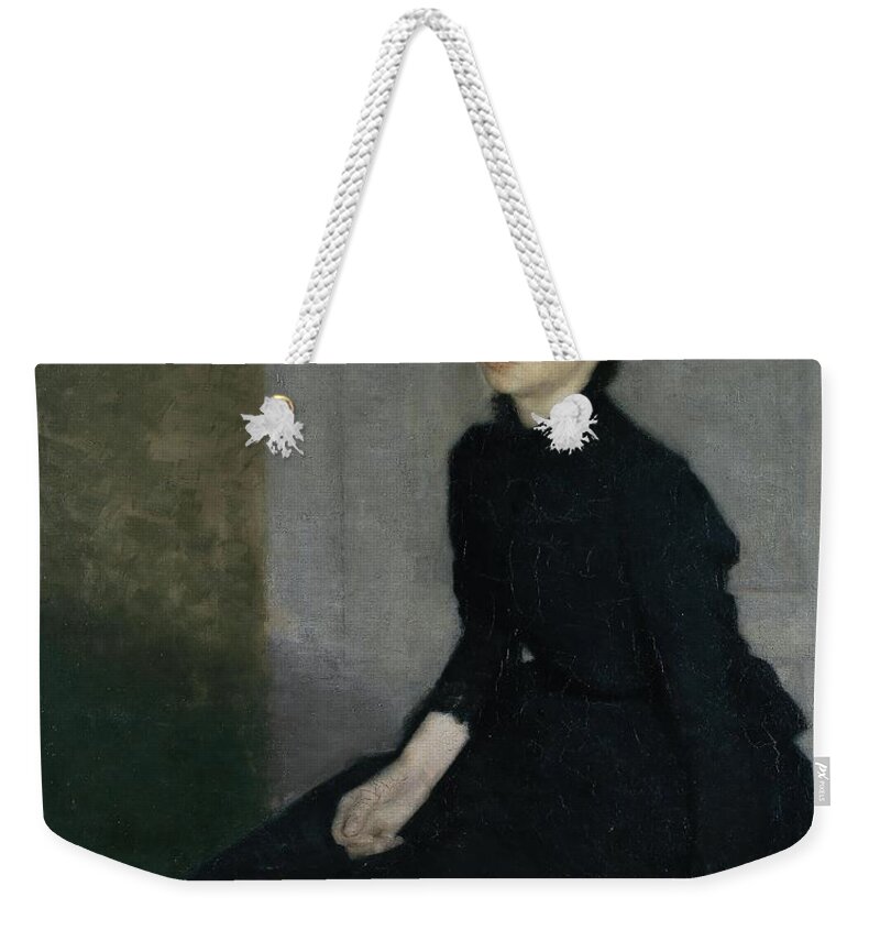 Vilhelm Hammershoi Weekender Tote Bag featuring the painting Portrait of a young woman, 1885. The artist's sister Anna Hammershoi. Oil on Canvas. 112 x 91, 5 cm. by Vilhelm Hammershoi