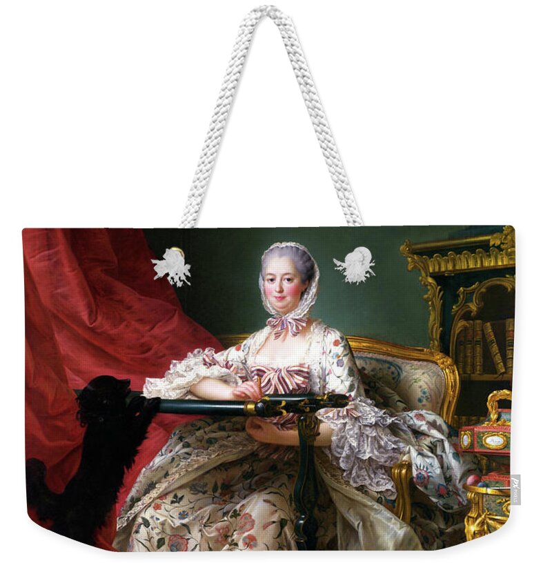 Portrait Of Madame De Pompadour Weekender Tote Bag featuring the painting Portrait of Madame de Pompadour at her Tambour Frame by Francois Hubert Drouais by Rolando Burbon