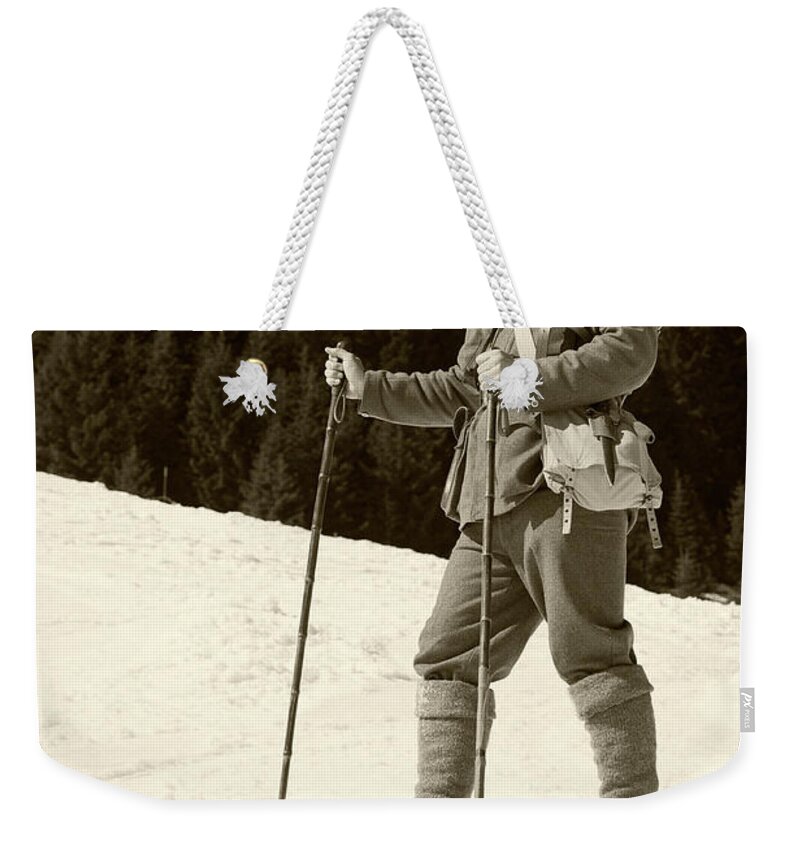 Ski Pole Weekender Tote Bag featuring the photograph Portrait Of Soldier Skier by Technotr