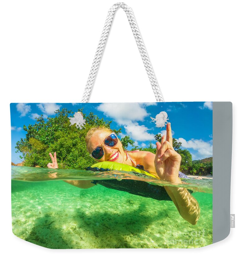 Seychelles Weekender Tote Bag featuring the photograph Praslin Seychelles woman mattress by Benny Marty