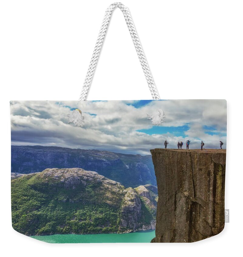 Clouds Weekender Tote Bag featuring the photograph Preikestolen The Pulpit Rock by Debra and Dave Vanderlaan