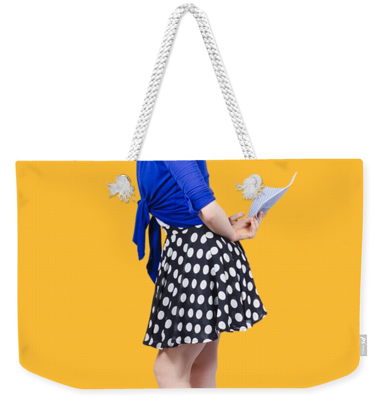 Housewife Weekender Tote Bag featuring the photograph Pretty housewife with washing cloth. Clean style by Jorgo Photography