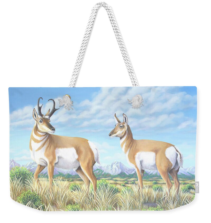 Pronghorn Weekender Tote Bag featuring the painting Pronghorn by the Tetons by Tish Wynne