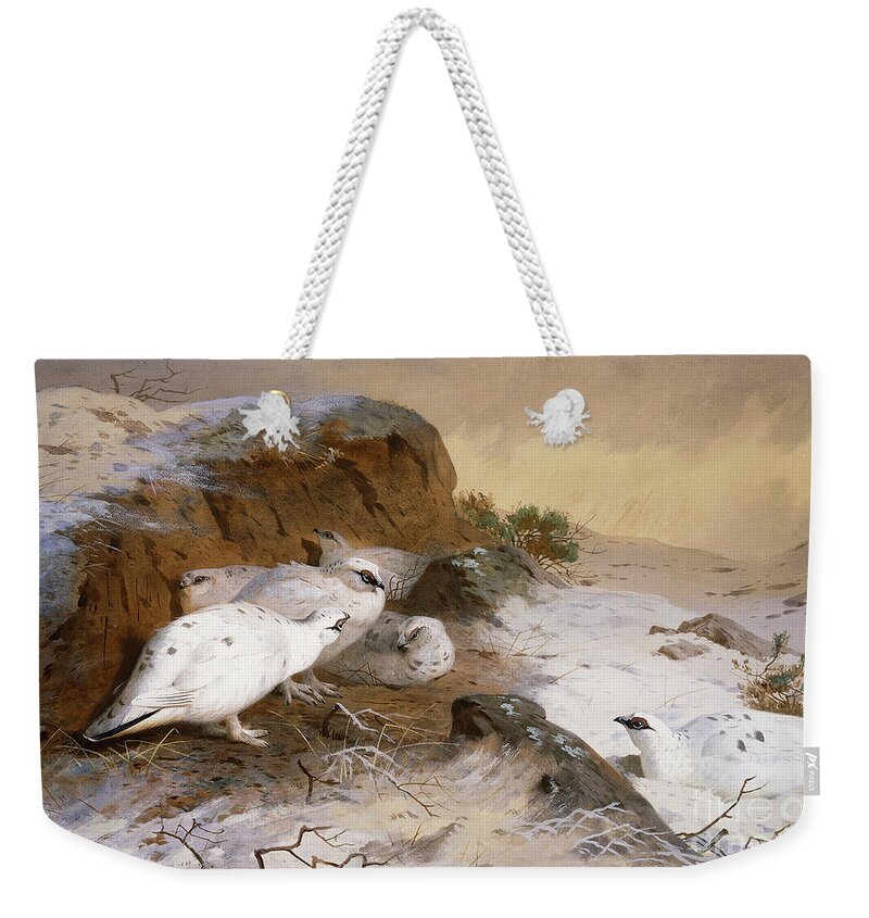 Animal Weekender Tote Bag featuring the painting Ptarmigan In The Snow, 1898 by Archibald Thorburn