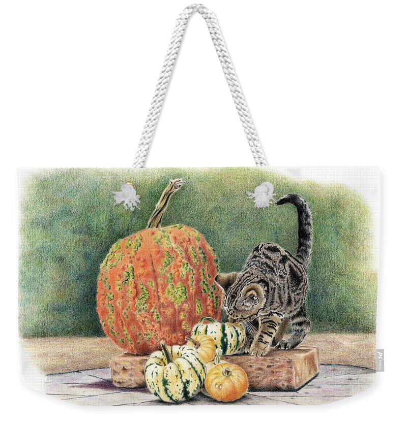 Cat Weekender Tote Bag featuring the drawing Pumpkin Patrol by Louise Howarth