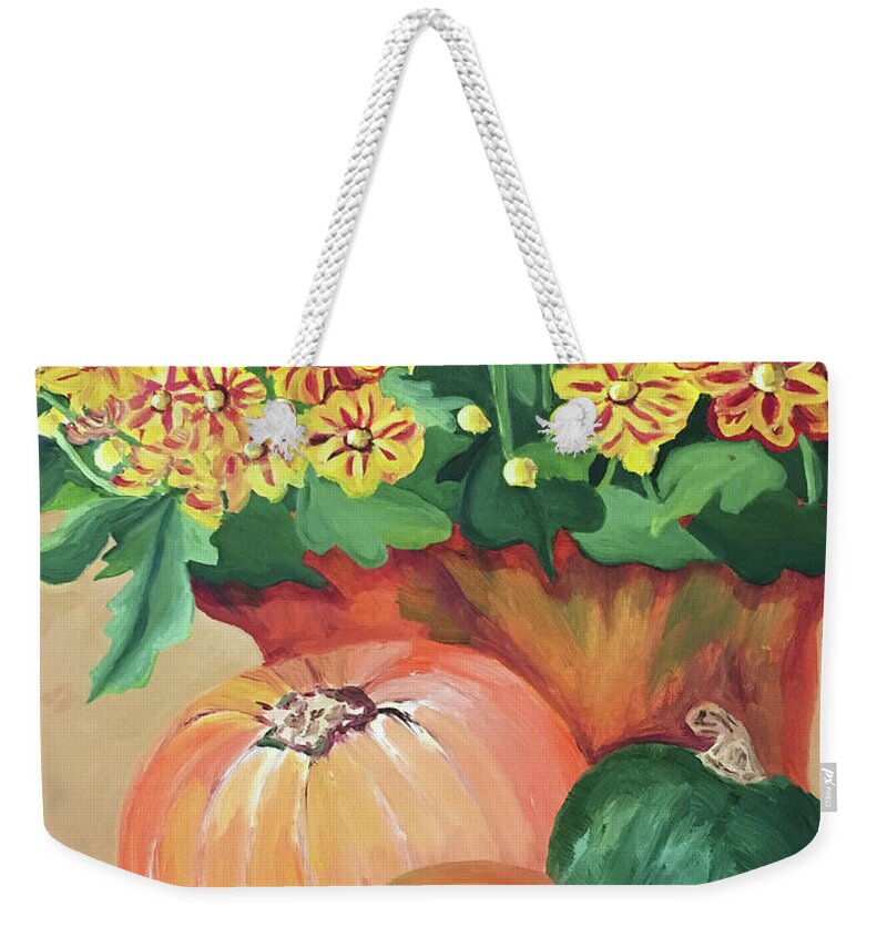 Pumpkin With Flowers By Annette M Stevenson;fall Season Collection By Annette M Stevenson Weekender Tote Bag featuring the painting Pumpkin with Flowers by Annette M Stevenson
