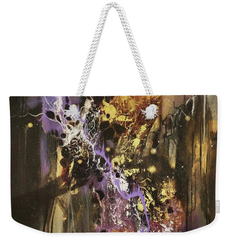 Abstract Weekender Tote Bag featuring the painting Purple and Gold Fusion by Tom Shropshire