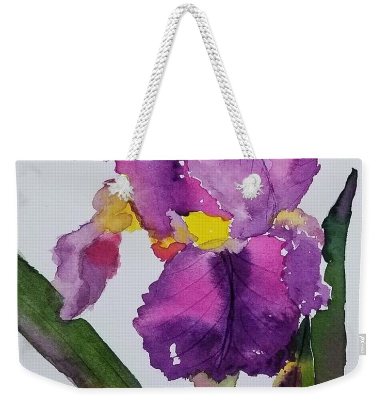 Purple Weekender Tote Bag featuring the painting Purple Bearded Iris by Ann Frederick