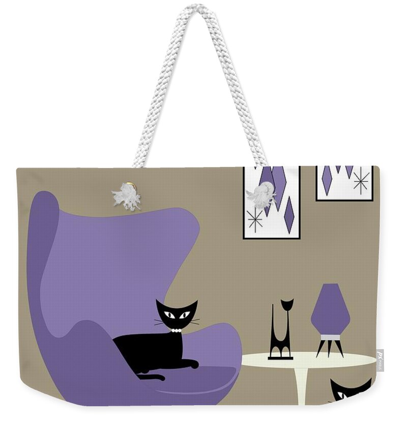 Mid Century Modern Weekender Tote Bag featuring the digital art Purple Egg Chair with Cats by Donna Mibus