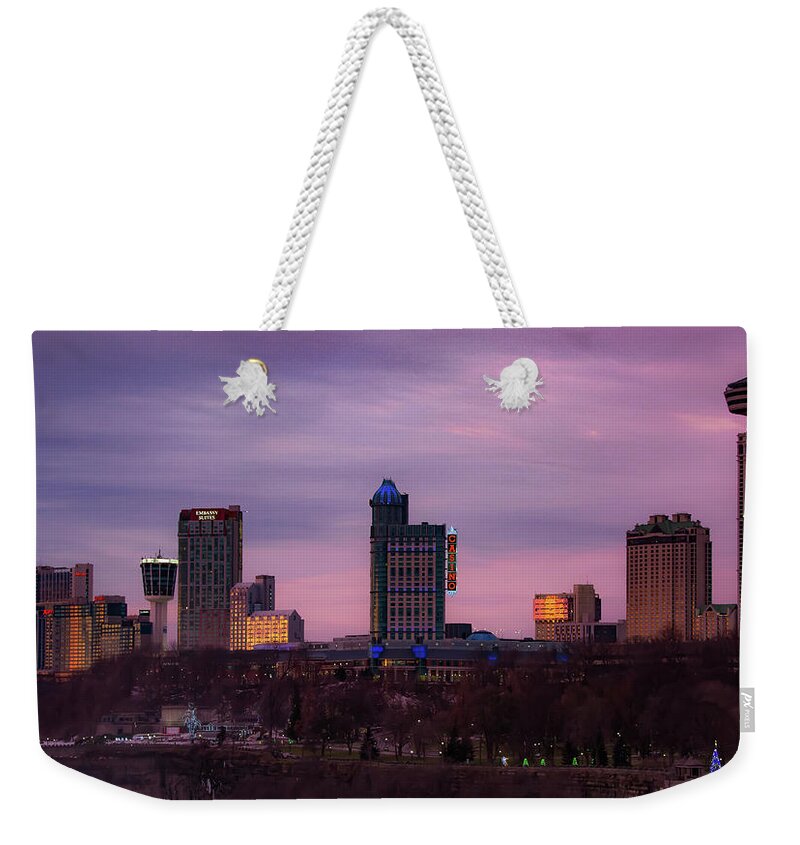 Niagara Falls Ontario Weekender Tote Bag featuring the photograph Purple Haze Skyline by Lora J Wilson