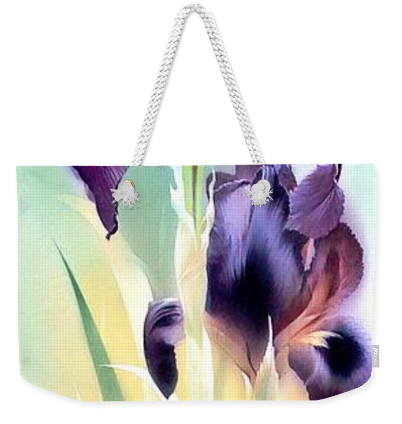 Russian Artists New Wave Weekender Tote Bag featuring the painting Purple Iris Flowers by Alina Oseeva