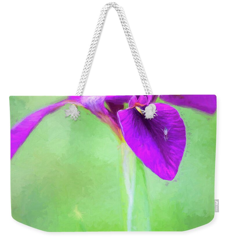 Iris Weekender Tote Bag featuring the photograph Purple on Green Louisiana Iris by Kathy Clark