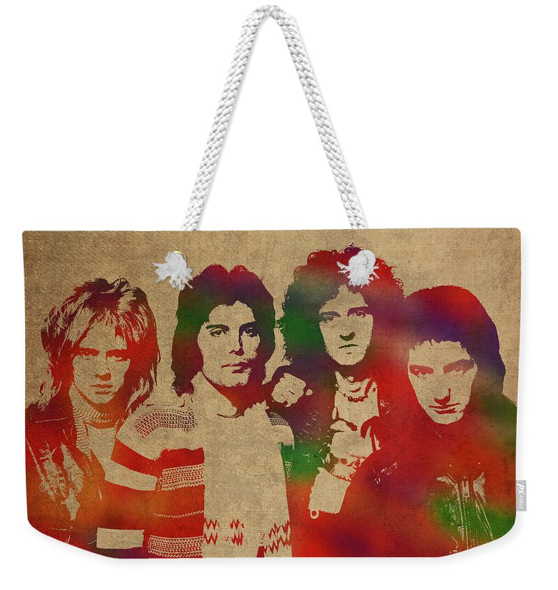 Queen Weekender Tote Bag featuring the mixed media Queen Band Watercolor Portrait by Design Turnpike