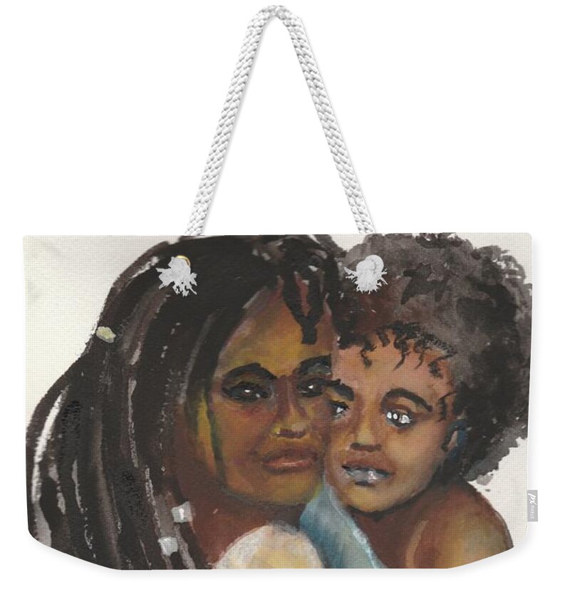 African-american Weekender Tote Bag featuring the painting Queen Love by Saundra Johnson