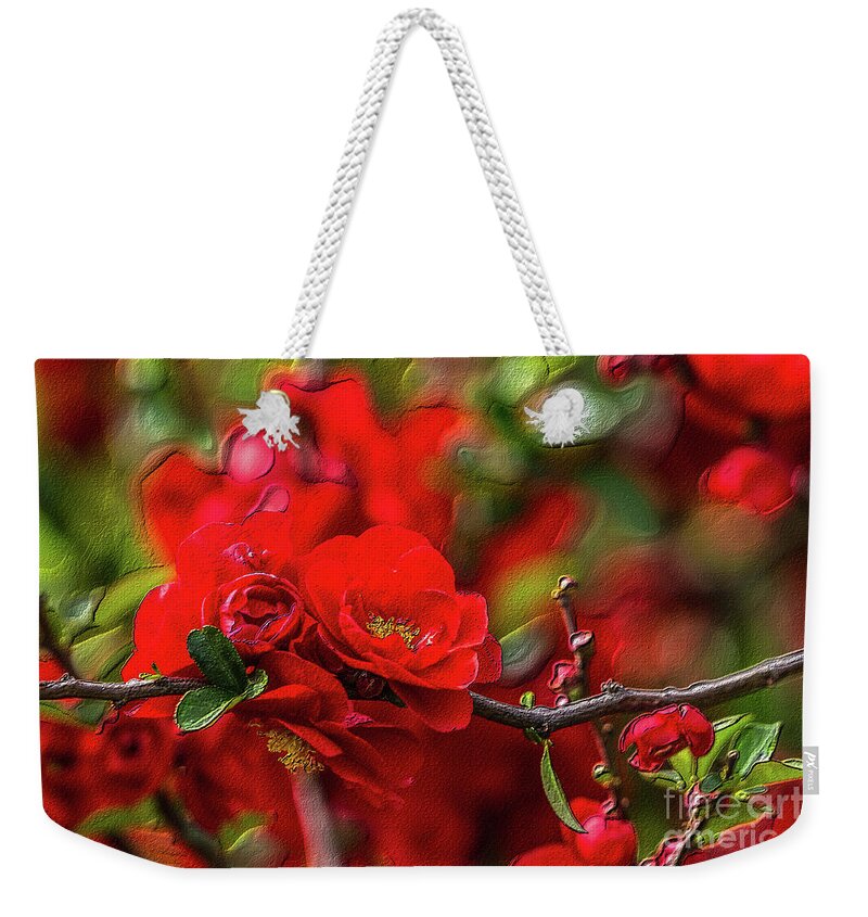 Spring Weekender Tote Bag featuring the mixed media Quince Branch Painterly by Jennifer White