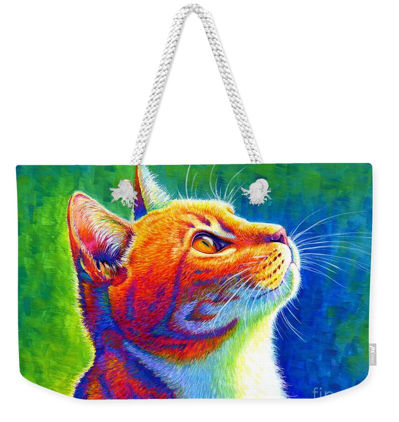 Cat Weekender Tote Bag featuring the painting Anticipation - Psychedelic Rainbow Tabby Cat by Rebecca Wang