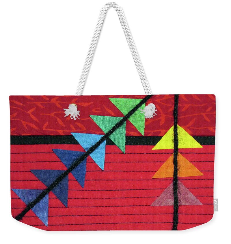 Art Quilt Weekender Tote Bag featuring the tapestry - textile Rainbow Flying Geese 3D Straight by Pam Geisel