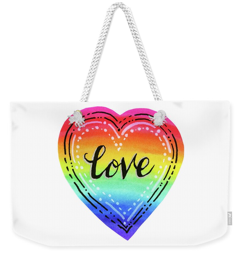 Rainbow Weekender Tote Bag featuring the painting Rainbow Heart Love by Olga Shvartsur