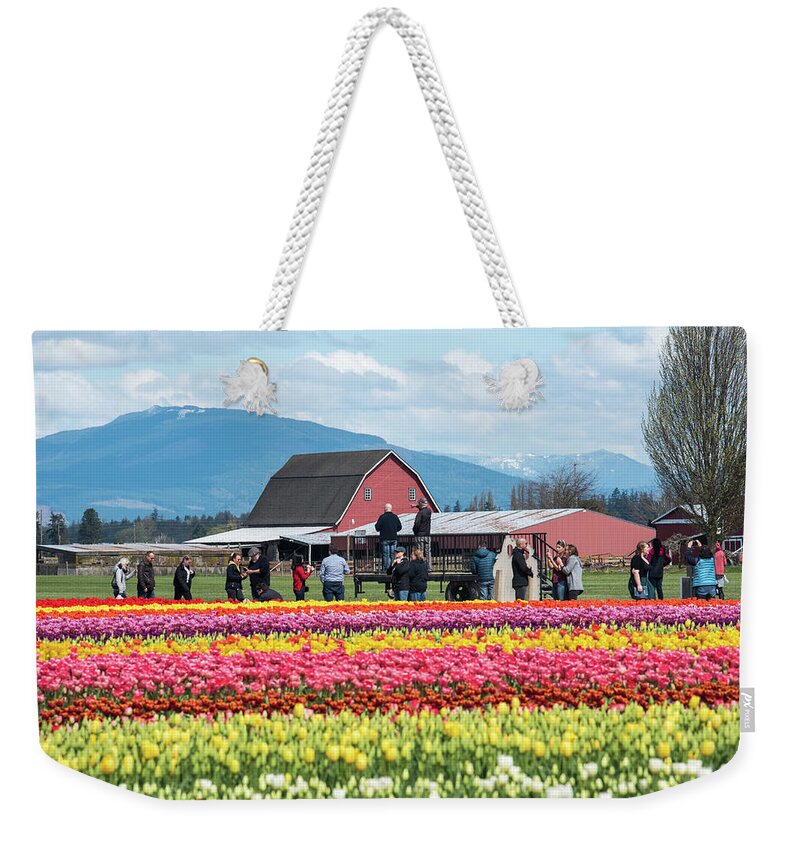 Rainbow Tulips Red Barn Blue Mountains Weekender Tote Bag featuring the photograph Rainbow Tulips Red Barns Blue Mountains by Tom Cochran