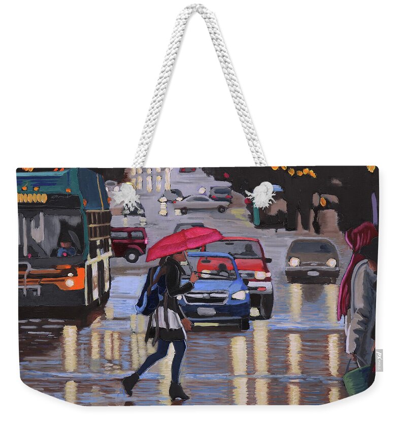 Rainy Weekender Tote Bag featuring the painting Rainy Night in the City by Kevin Hughes