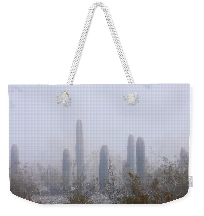 Affordable Weekender Tote Bag featuring the photograph Rare Desert Fog by Judy Kennedy