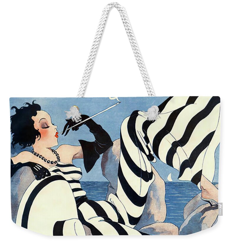 Fashionable Woman Weekender Tote Bag featuring the painting Rare French Art Deco Woman Haute Couture Fashion by Tina Lavoie
