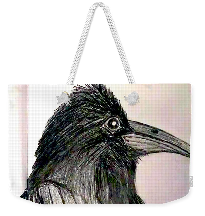 Raven Weekender Tote Bag featuring the drawing Raven by Genevieve Esson