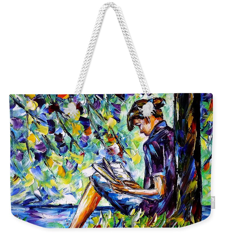 Girl With A Book Weekender Tote Bag featuring the painting Reading By The River by Mirek Kuzniar