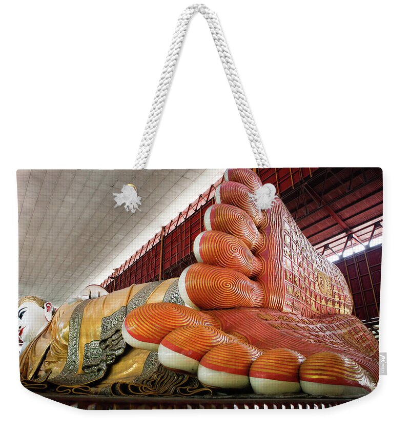 Statue Weekender Tote Bag featuring the photograph Reclining Buddha At Chauk Htat Gyi Paya by Kristen Elsby