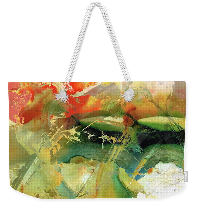 Red Weekender Tote Bag featuring the painting Red and Green Abstract - Soul Flight - Sharon Cummings by Sharon Cummings