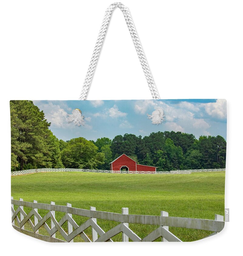 Red Weekender Tote Bag featuring the photograph Red Barn and White Fence 2019-05 02 by Jim Dollar