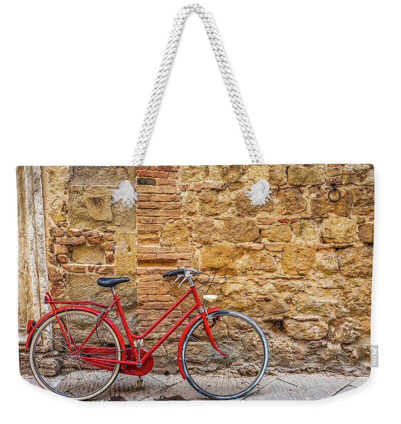 Stained Weekender Tote Bag featuring the photograph Red Bicycle by Deimagine