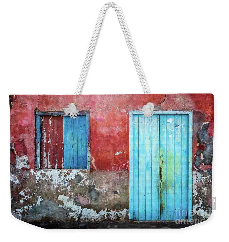 Wall Weekender Tote Bag featuring the photograph Red, blue and grey wall, door and window by Lyl Dil Creations