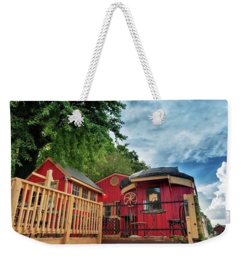 Red Caboose Weekender Tote Bag featuring the photograph Red Caboose by Lara Ellis