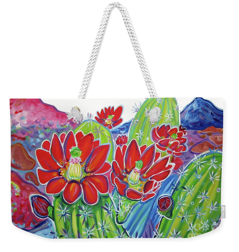 Colorscapes Fine Art Weekender Tote Bag featuring the painting Red Cactus Flowers by Rachel Houseman