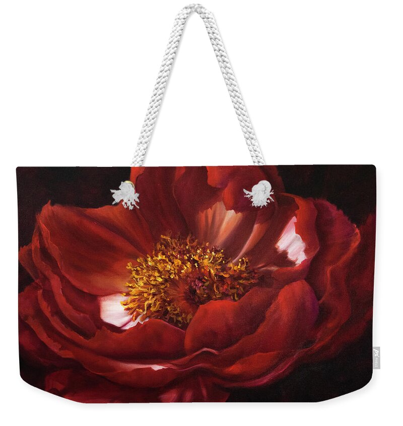 Red Flower Weekender Tote Bag featuring the painting Red Peonie Macro Painting by Lynne Pittard
