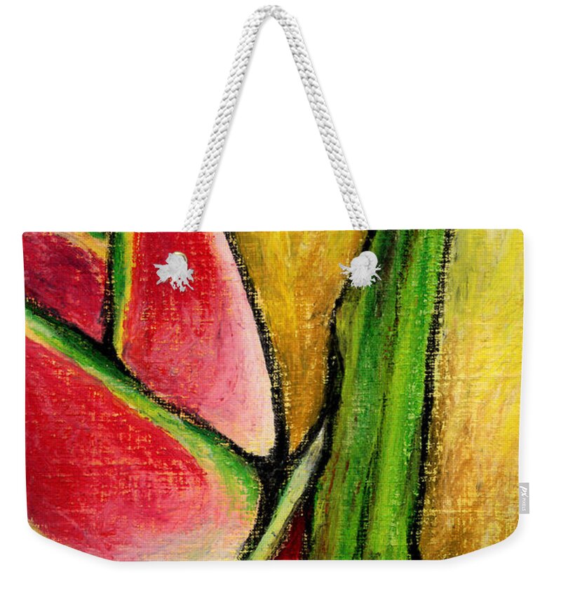 Tropical Weekender Tote Bag featuring the pastel Red Heliconia by AnneMarie Welsh