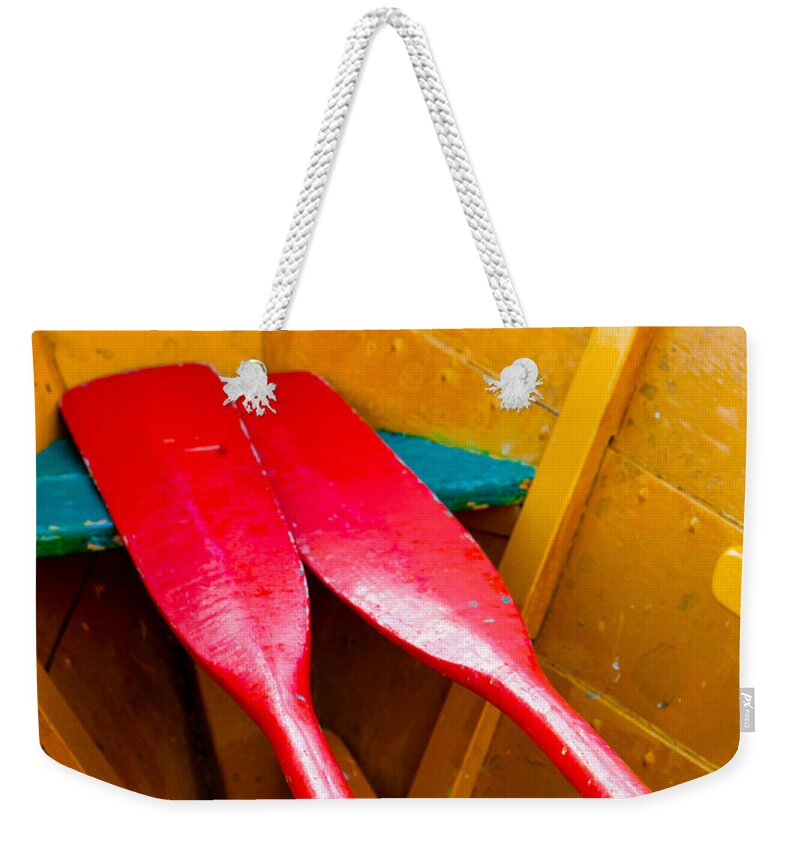 Boat Weekender Tote Bag featuring the photograph Red Oars by Tom Gresham