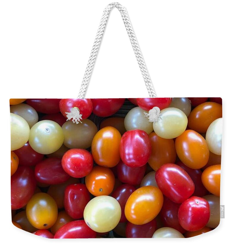 Freshness Weekender Tote Bag featuring the photograph Red, Orange and Yellow Cherry Tomatoes by Jori Reijonen