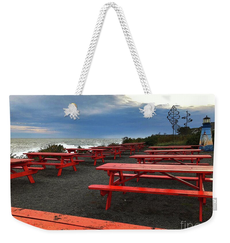 Two Lights State Park Weekender Tote Bag featuring the photograph Red Picnic Tables by Jeanette French