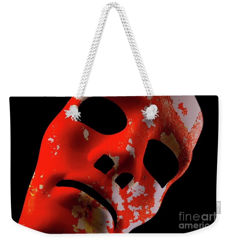 Mask Weekender Tote Bag featuring the photograph Red robot face with grunge texture by Simon Bratt