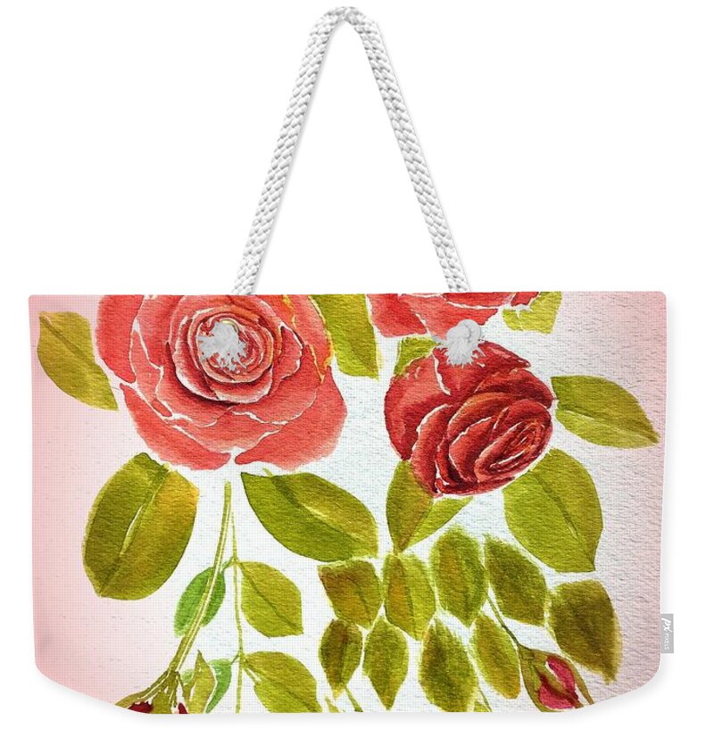 Red Weekender Tote Bag featuring the painting Red Rose Floral Pre Framed by Delynn Addams