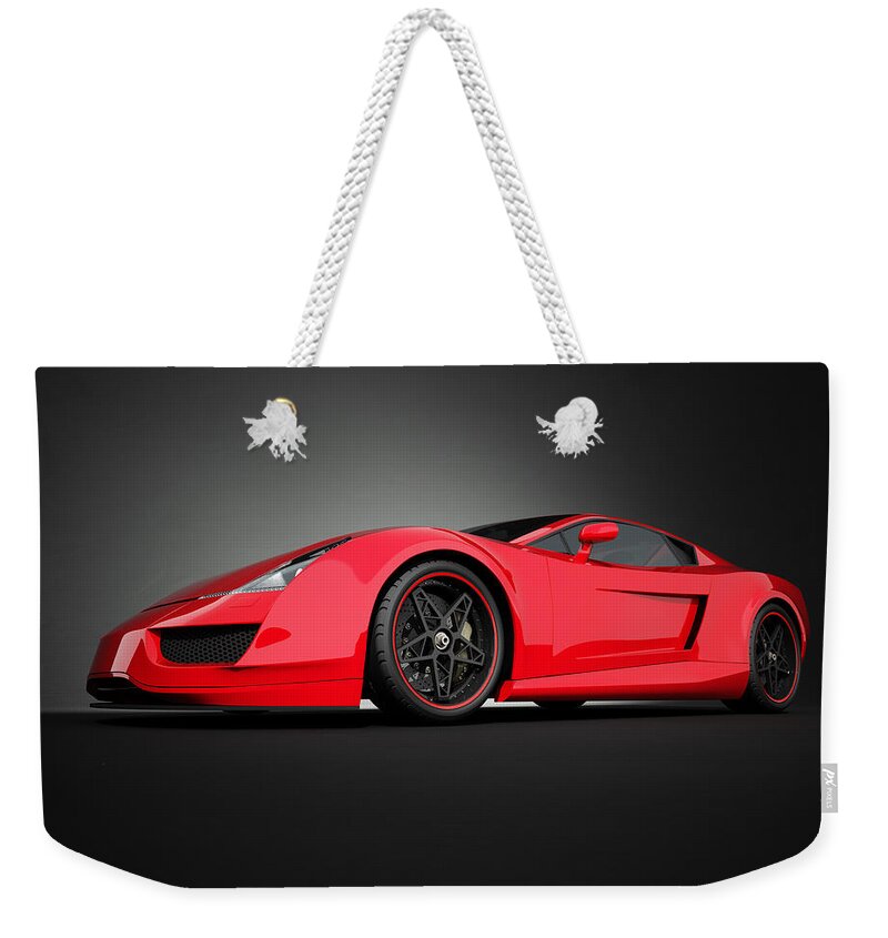 Sports Car Weekender Tote Bag featuring the photograph Red Sport Car On Black Studio Background by Firstsignal