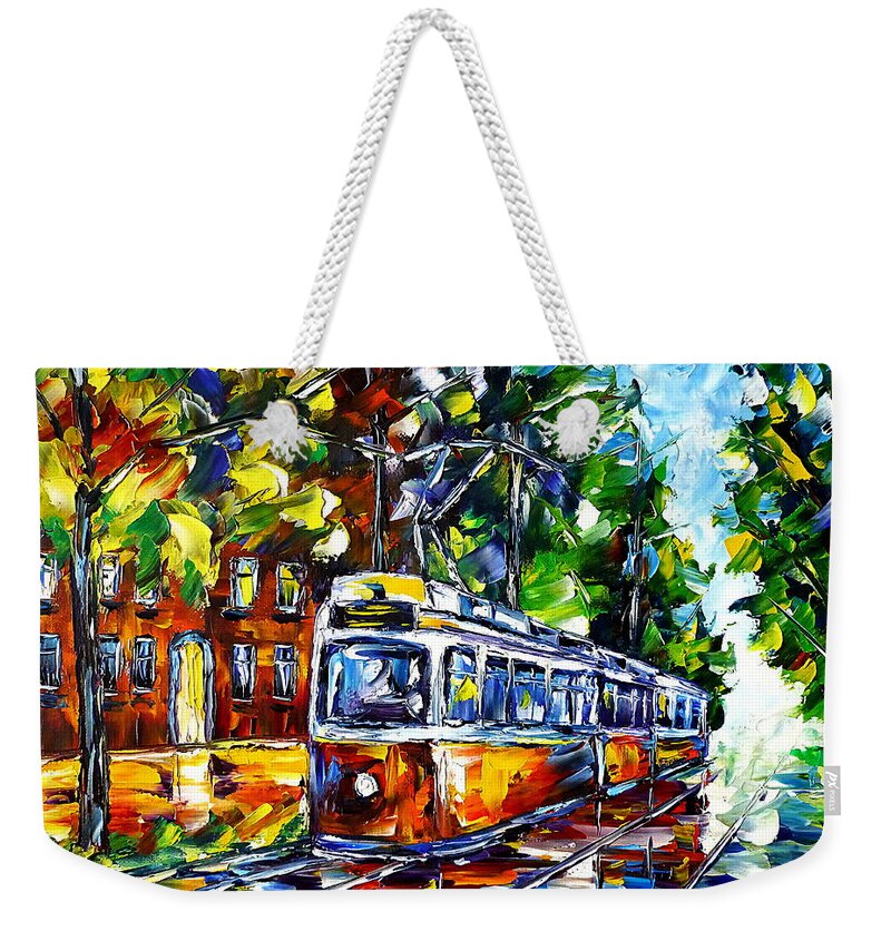 Trolley Lovers Weekender Tote Bag featuring the painting Red Trolley by Mirek Kuzniar