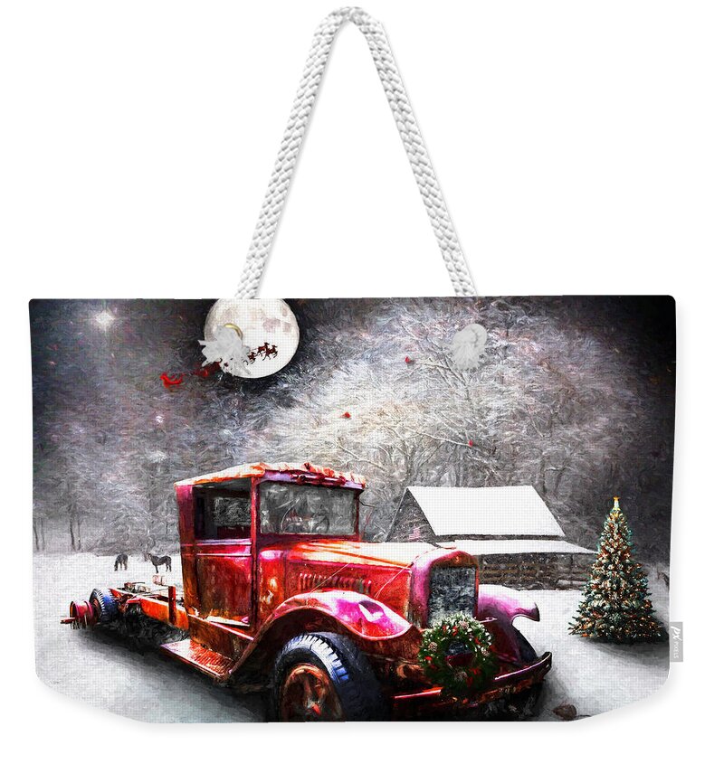 Barn Weekender Tote Bag featuring the photograph Red Truck on Christmas Eve Oil Painting by Debra and Dave Vanderlaan